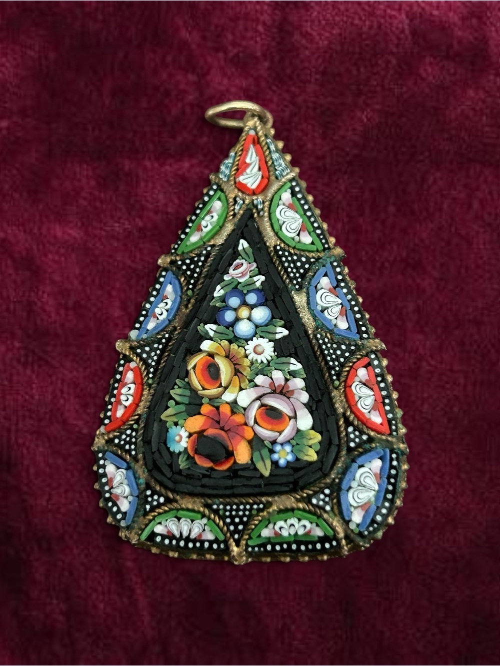 Antique Italian Large 2” Micro Mosaic Floral Statement Pendant, c. 1890–1910.